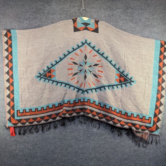Urban Coco Women's Poncho Cape Sweater Multi Frayed Western Aztec W/Tags - Picture 5 of 14